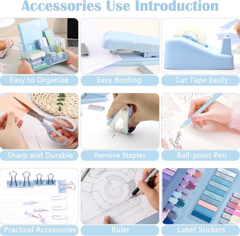 Scindaly Blue Office Desk Accessories Supplies, 10pcs Desk Organizers and Accessories with Tape Dispenser and Stapler,Staples,Scissor,Ruler,Sticky Tabs,Tape,Ballpoint Pen,Clips Set - Image 3